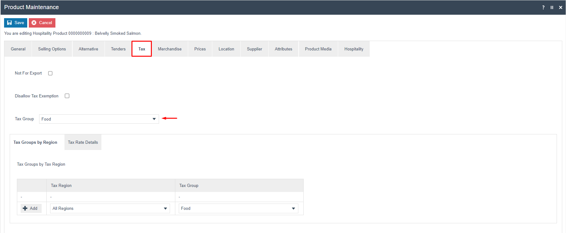 screenshot: Product Tax tab showing Tax Group set to Food