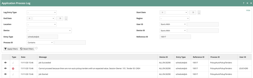 Application Process Log showing error - Cannot proceed because there are non-auto pickup tenders with an expected value, Session Owner 101, Tender ID CASH