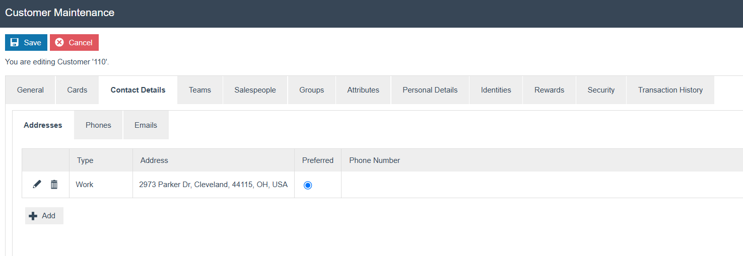 Customer Maintenance Contact Details tab for Customer 110. Addresses sub-tab shows a Work address at 2973 Parker Dr, Cleveland. Add button is visible.