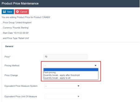 Product Price - Pricing Method dropdown