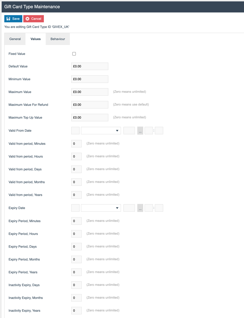 Gift Card Type Maintenance - Values tab showing gift card value configuration options