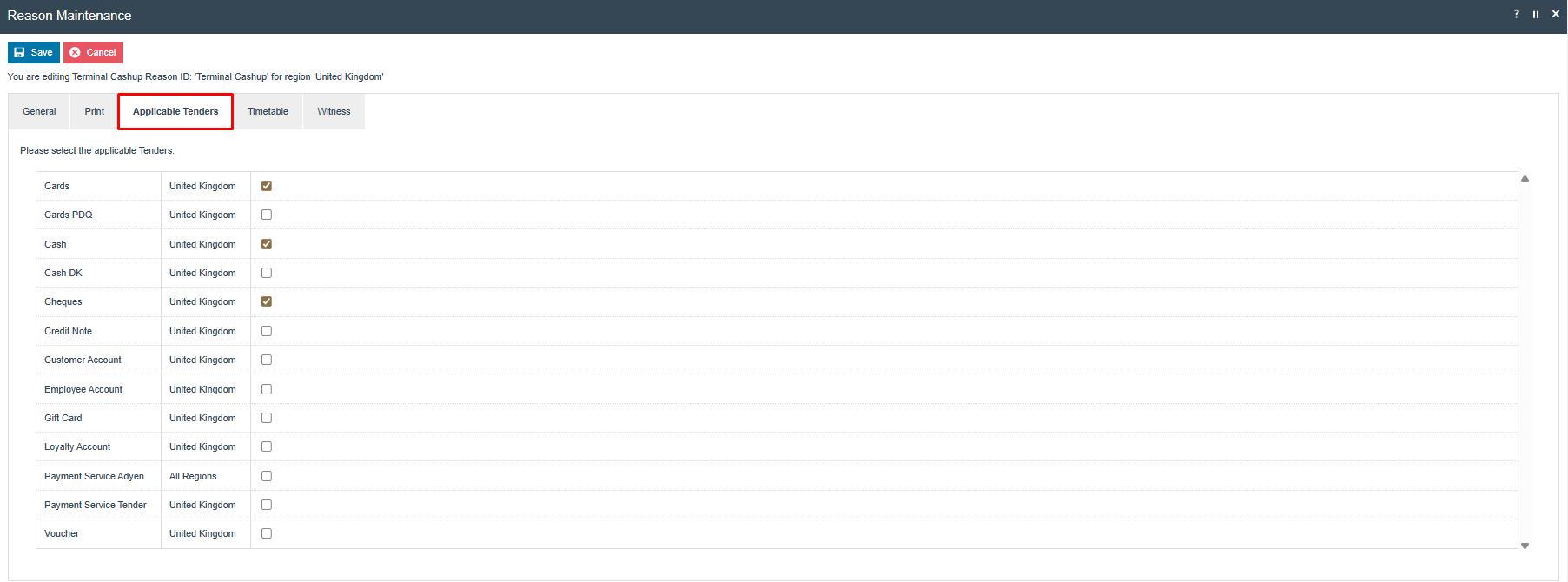 Reason Maintenance Applicable Tenders tab showing a list of tenders with checkboxes to select which ones apply to this reason.