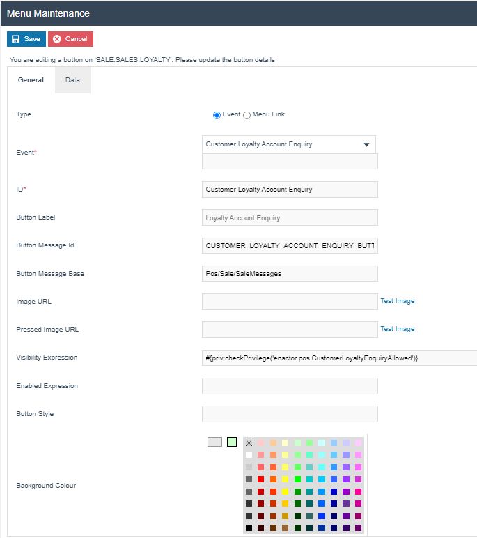 Customer Loyalty Account Enquiry menu event configuration in Menu Maintenance.