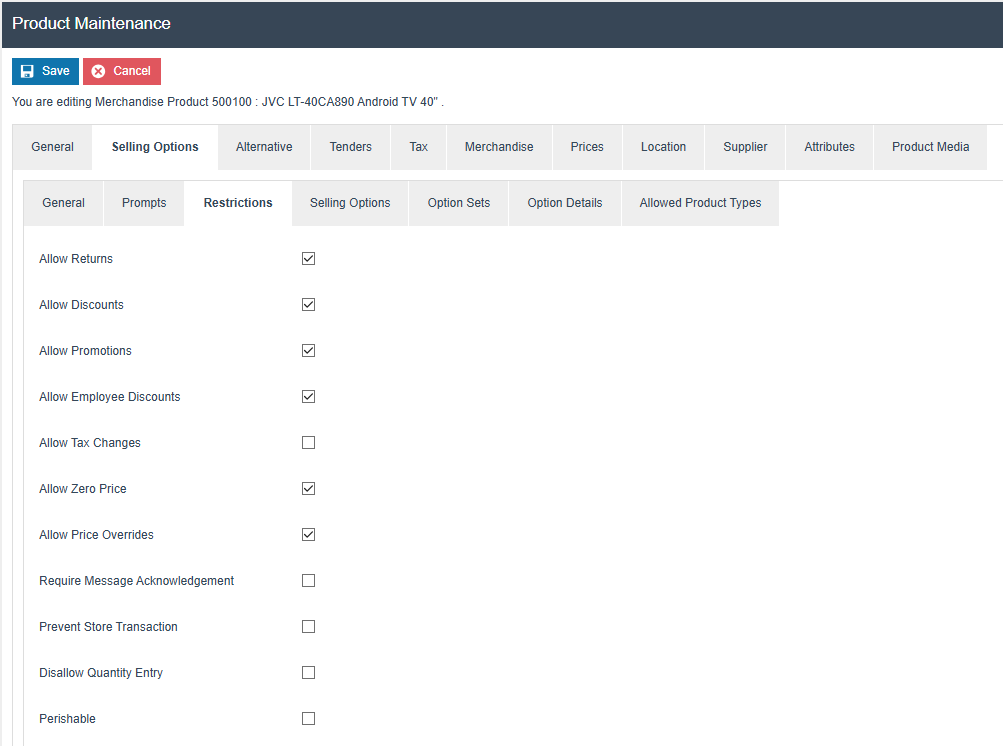 Product Maintenance Selling Options tab, Restrictions sub-tab showing the default restriction options with checkboxes