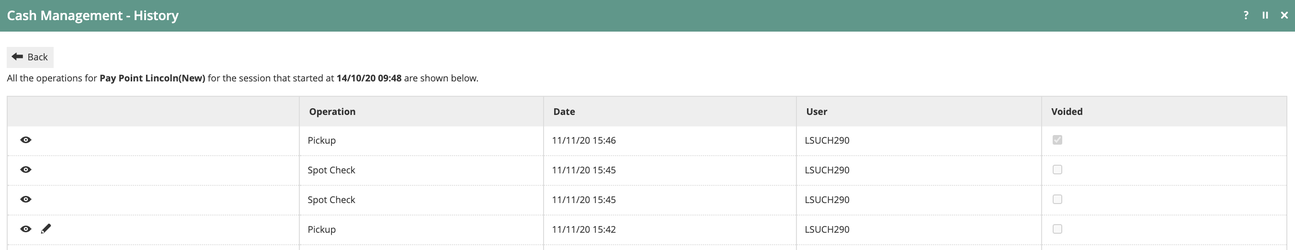 Cash Management History showing the latest Pickup operation with Voided checkbox ticked, along with spot check entries