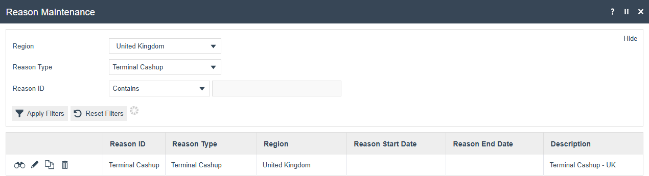 Reason Maintenance list view filtered for Region 'United Kingdom' and Reason Type 'Terminal Cashup'. One reason result is shown.