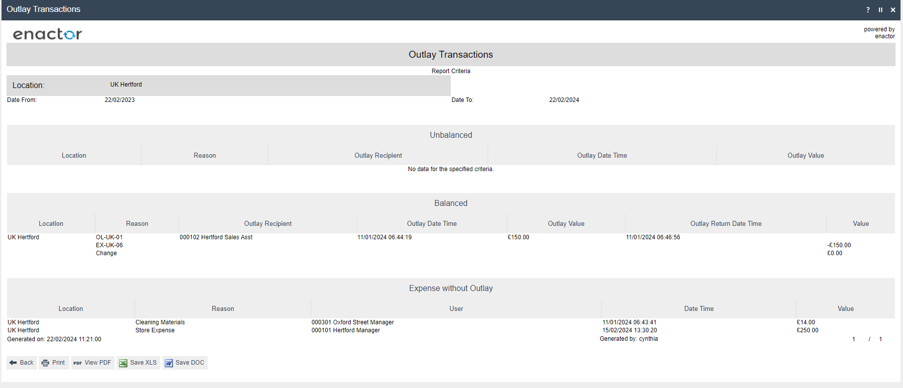 Outlay Transactions report showing three sections: Unbalanced, Balanced, and Expense without Outlay with transaction details.