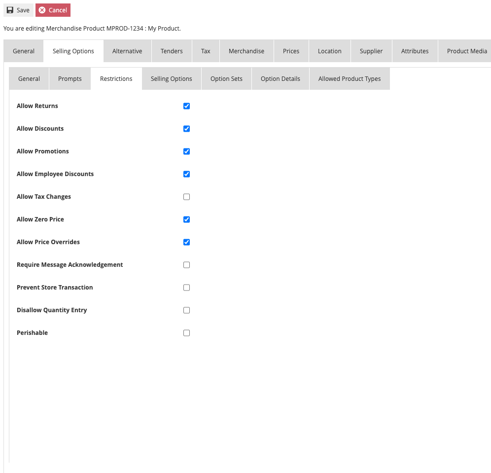 Product Maintenance Selling Options tab, Restrictions sub-tab showing the default restriction options with checkboxes