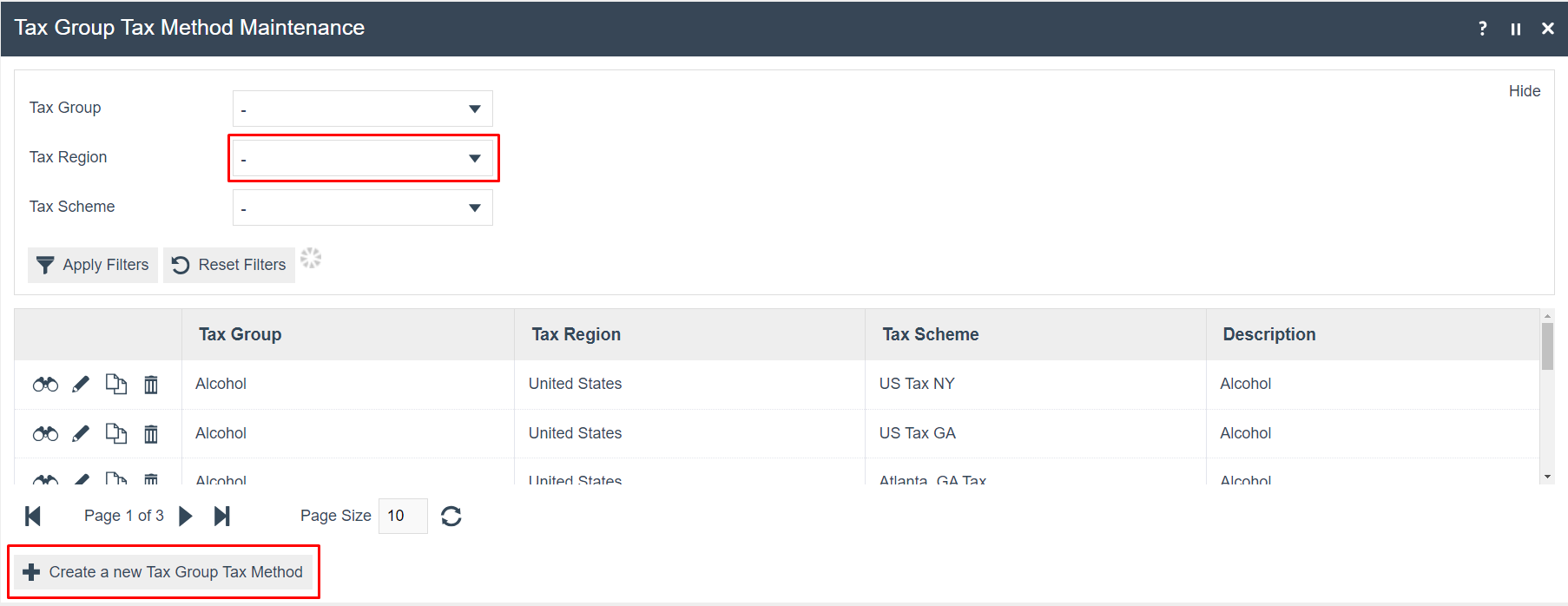 screenshot: Tax Group Tax Method Maintenance list with Tax Region filter highlighted