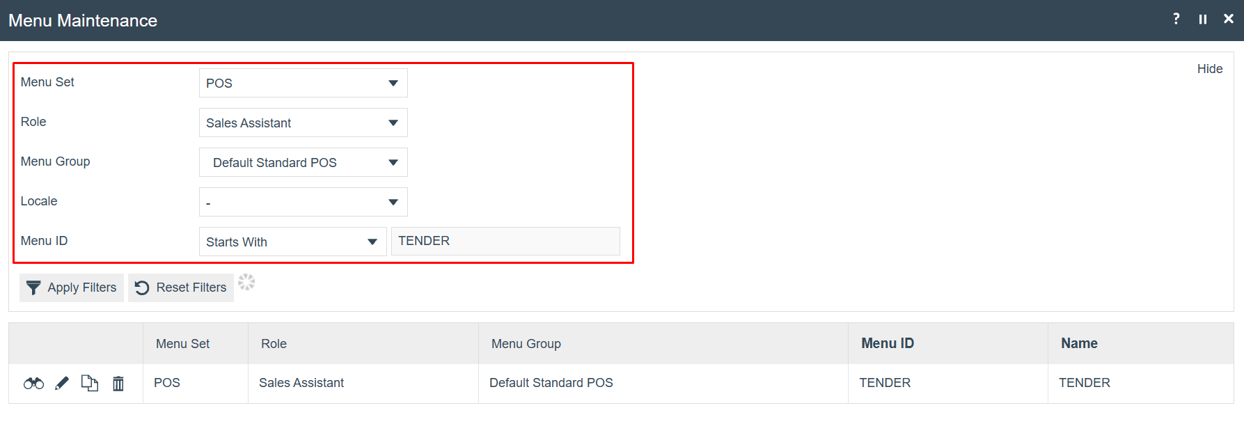 Menu Maintenance filter screen. Menu Set is POS, Role is Sales Assistant, Menu Group is Default Standard POS, and Menu ID filter starts with TENDER. One matching result is shown: TENDER.