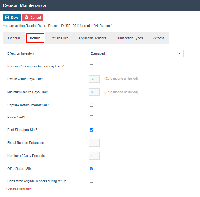 Reason Maintenance Return tab for RR_001. Effect on Inventory is 'Damaged', Days is 30, and both Print Signature Slip and Offer Return Slip are checked.
