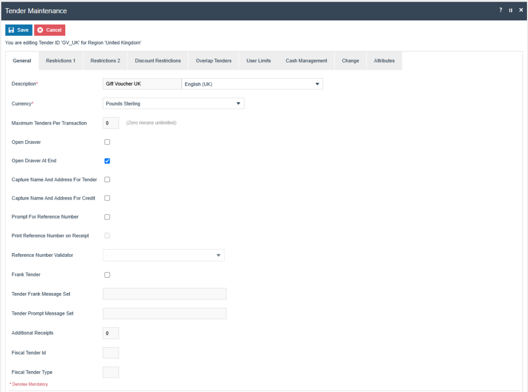 Tender Maintenance showing a Voucher tender type with standard tender configuration tabs