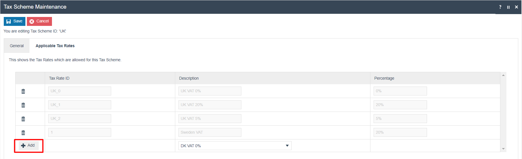 Tax Scheme Maintenance on the Applicable Tax Rates tab for scheme UK. Shows rates UK_0 (0%), UK_1 (20%), UK_2 (5%) added. Add button is highlighted.