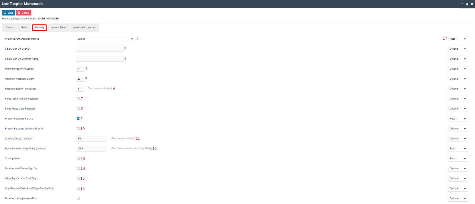 User Template Maintenance Security tab for STORE_MANAGER showing password and access security settings with various Optional and Fixed rules.