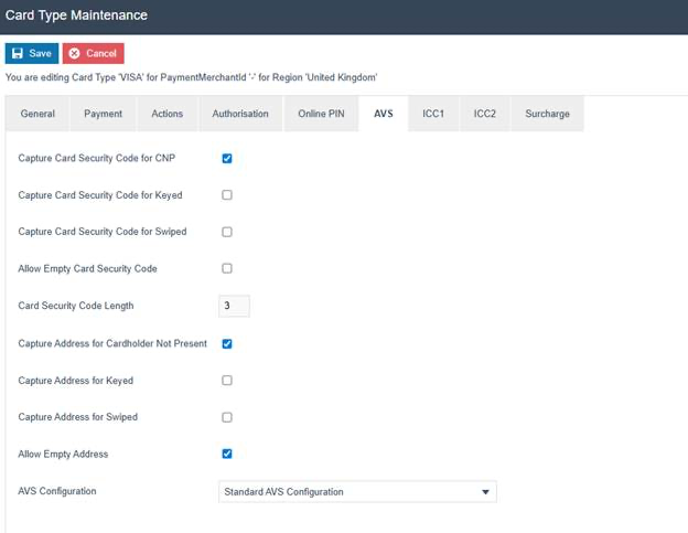 Card Type Maintenance AVS tab for VISA. Capture Card Security Code for CNP is checked, Card Security Code Length is 3, Capture Address for Cardholder Not Present is checked, Allow Empty Address is checked, AVS Configuration is 'Standard AVS Configuration'.