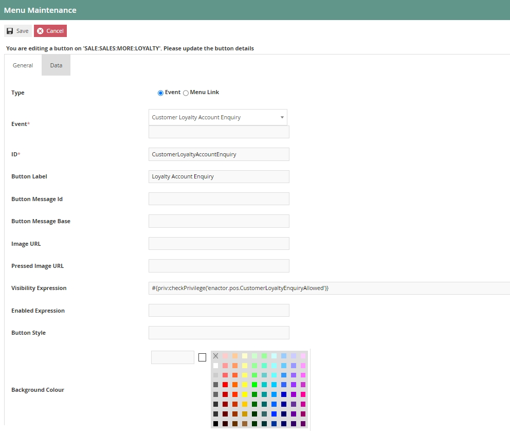 Customer Loyalty Account Enquiry menu event configuration in Menu Maintenance.