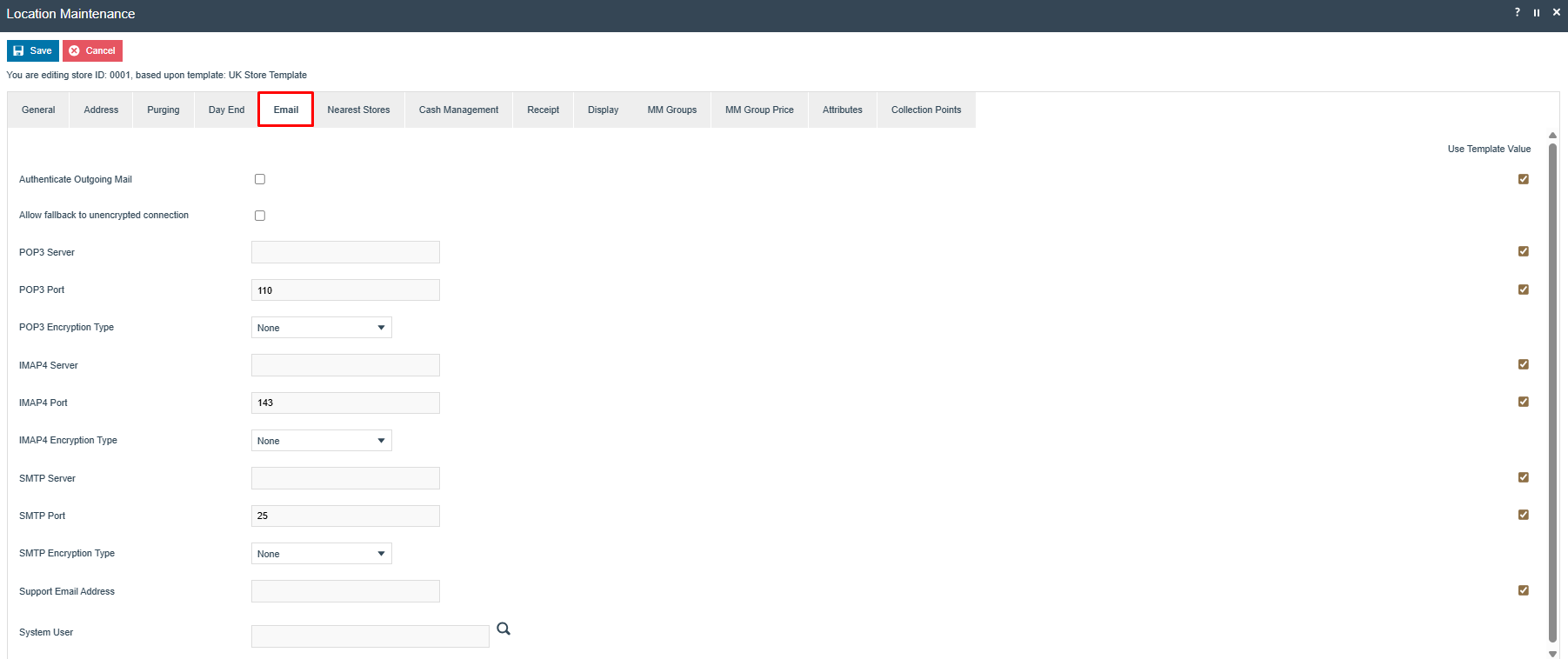 Location Maintenance Email tab for store 0001 showing POP3 Port 110, IMAP4 Port 143, SMTP Port 25 with empty server fields and a Support Email Address field.