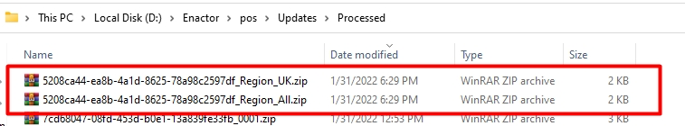Windows Explorer Processed folder showing two separate regional zip files: one for Region_UK and one for Region_All, when Tender by Region entity is used.