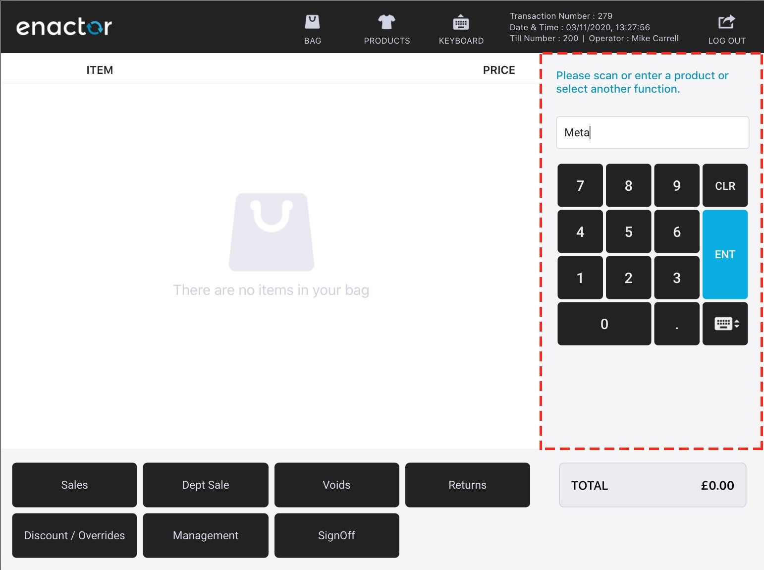 React POS right panel showing message area with branded colours