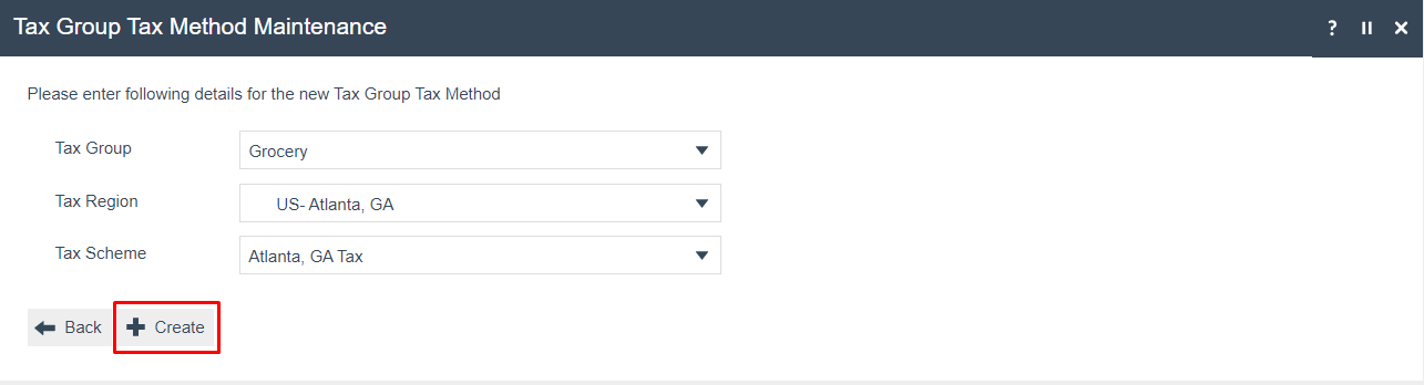 screenshot: Create new Tax Group Tax Method - Grocery for Atlanta GA