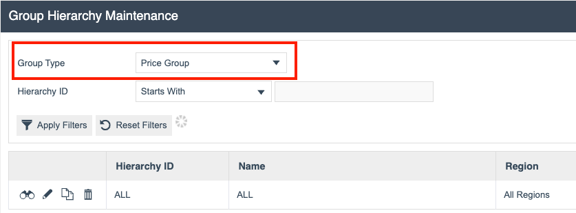 Groups screen filtered to the Price Group group type