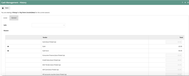 Cash Management History detail of the voided pickup showing all tender types including Card, Cash, Cash Euro, Consumer Finance, Credit Note, DAIN Tender, Gift Card, and HO accounts voucher all at 0.00