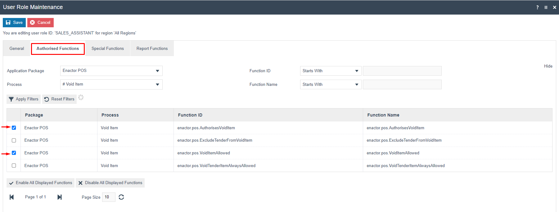 User Role Maintenance Authorised Functions tab for SALES_ASSISTANT. Enactor POS Void Item process is selected showing four function IDs, with AuthorisesVoidItem and VoidItemAllowed checked.