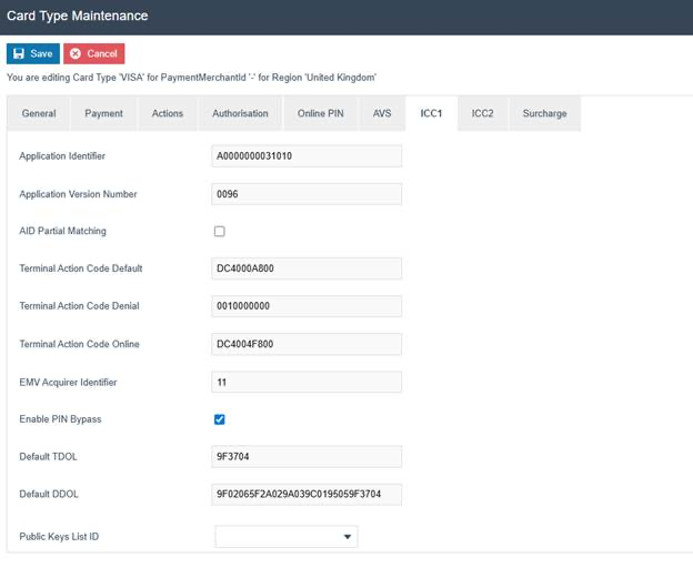 Card Type Maintenance ICC1 tab for VISA. Application Identifier is 'A0000000031010', Application Version Number is '0096', Terminal Action Code Default is 'DC4000A800', Enable PIN Bypass is checked.