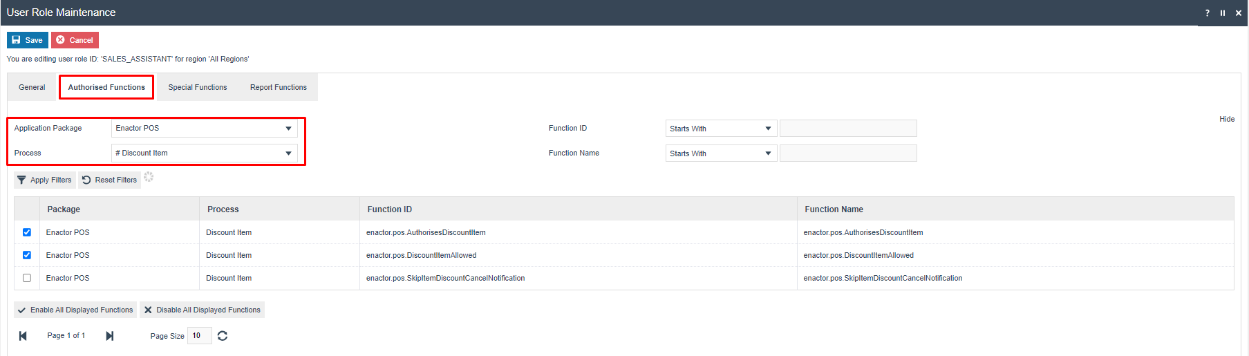 User Role Maintenance Authorised Functions tab for SALES_ASSISTANT. Filter shows Enactor POS Discount Item functions. AuthorisesDiscountItem and DiscountItemAllowed are checked.