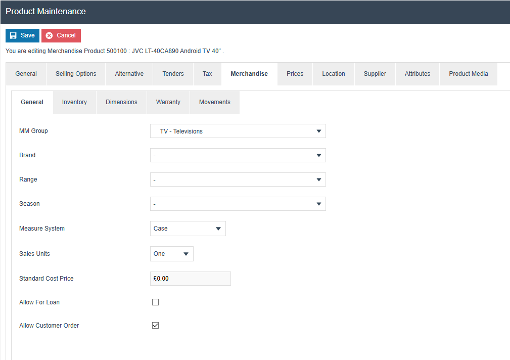 Product Maintenance Merchandise tab, General sub-tab showing MM Group selection, Brand, Range, Season and Sales Unit fields
