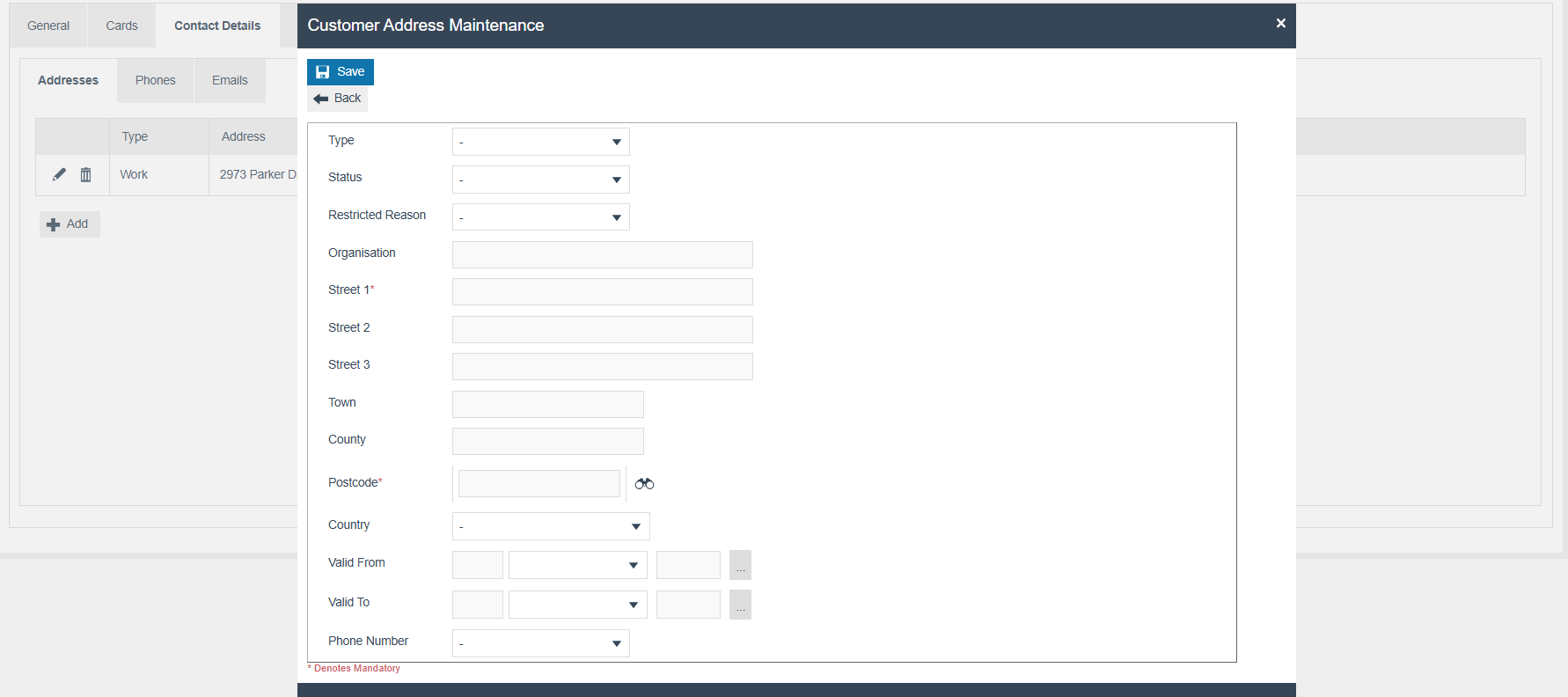 Customer Address Maintenance form showing Type, Status, Street, Town, County, Postcode and Country fields.