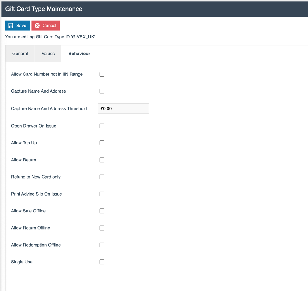 Gift Card Type Maintenance - Behaviour tab showing gift card behaviour configuration options including offline redemption