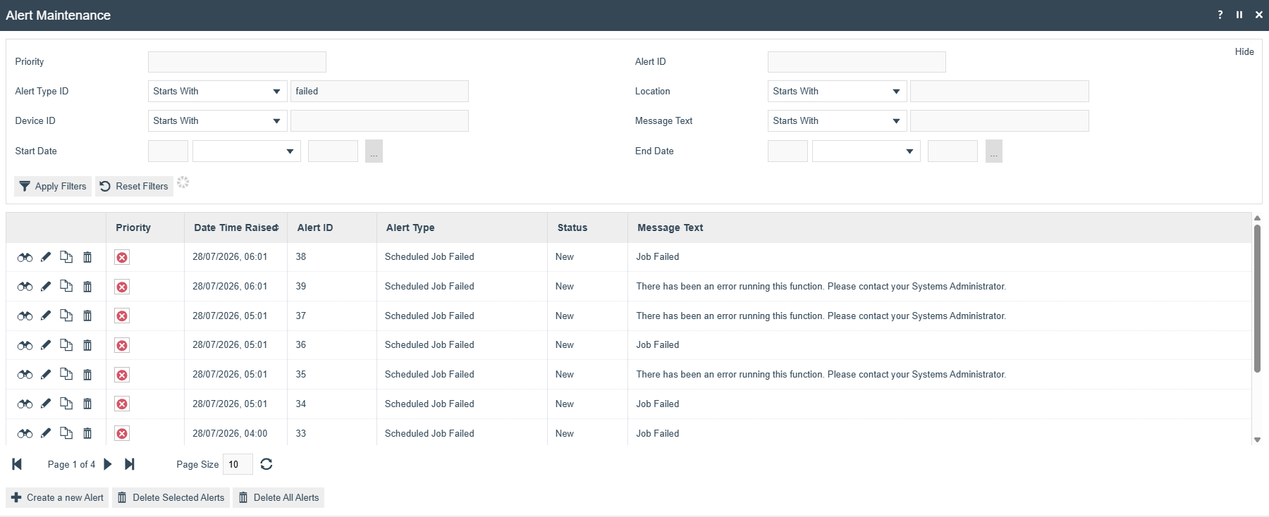 Alert Maintenance screen showing a list of triggered alerts with columns for Priority, Date Time Raised, Alert ID, Alert Type, Status and Message Text. Multiple alerts are shown with Update service is not running type.