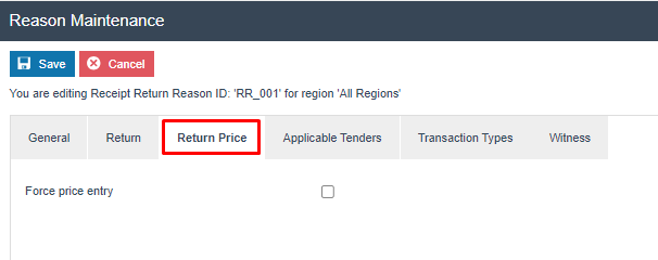 Reason Maintenance Return Price tab for RR_001. Force Price Entry is unchecked.