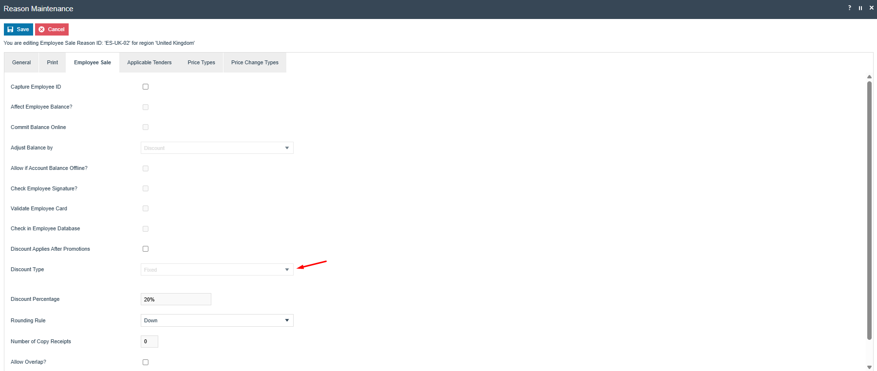 Employee Sale Reason Employee Sale tab with Discount Type set to Fixed, showing Discount Percentage and Rounding Rule fields.
