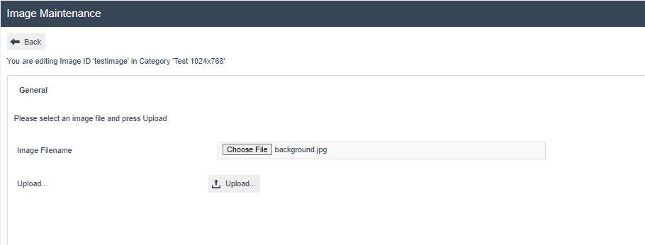Image upload page showing background.jpg selected as the Image Filename. Upload button is present.