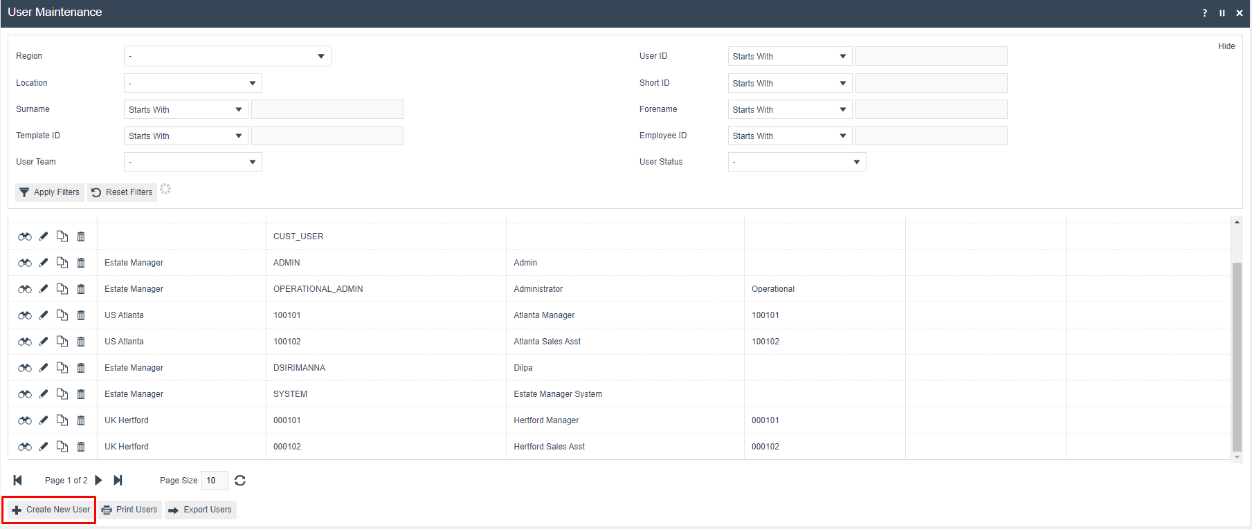 User Maintenance list showing configured users including ADMIN, OPERATIONAL_ADMIN, and various location-specific users.