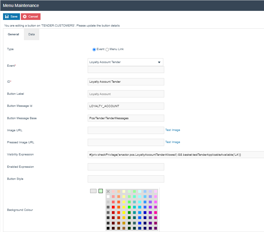 Loyalty Account tender event configuration in Menu Maintenance.