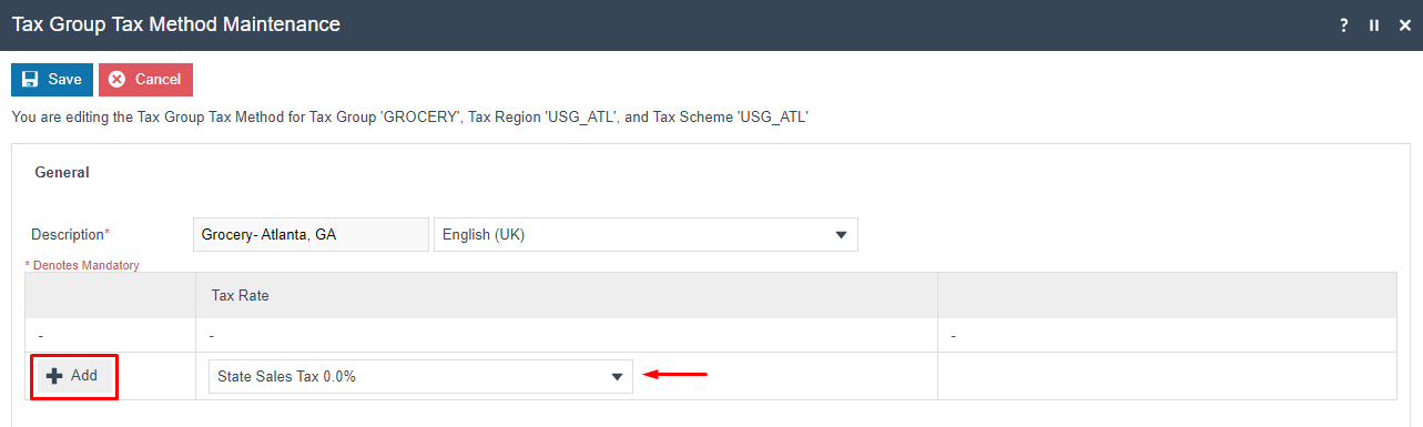 screenshot: Tax Group Tax Method editing - selecting tax rates from dropdown