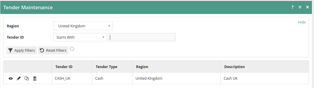 Tender Maintenance - Cash Tender with Tender ID CASH-UK