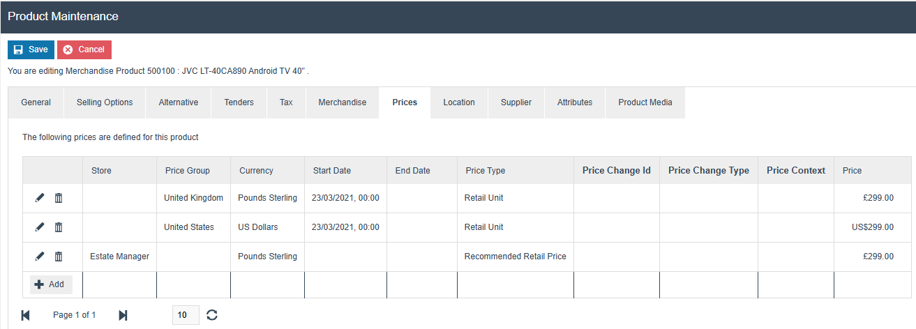 Product Maintenance Prices tab showing the list of configured prices for the product