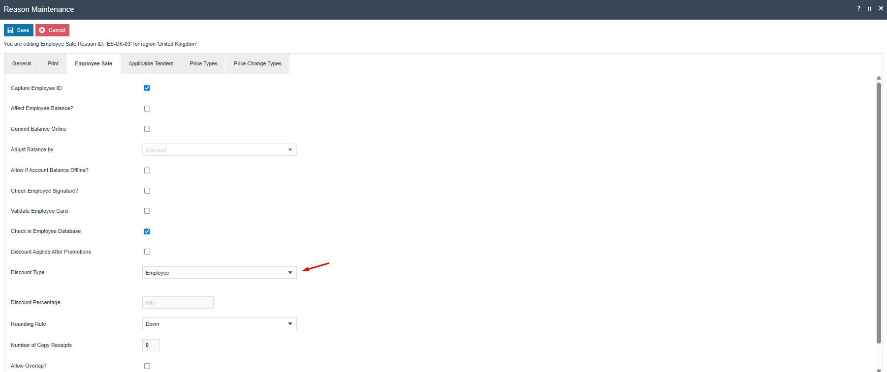 Employee Sale Reason Employee Sale tab with Discount Type set to Employee.