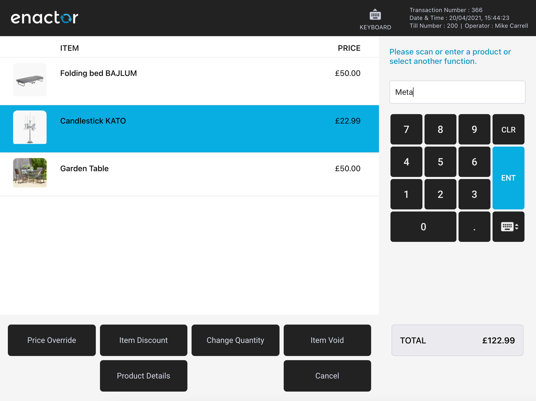 React POS basket grid with a selected row - default theme