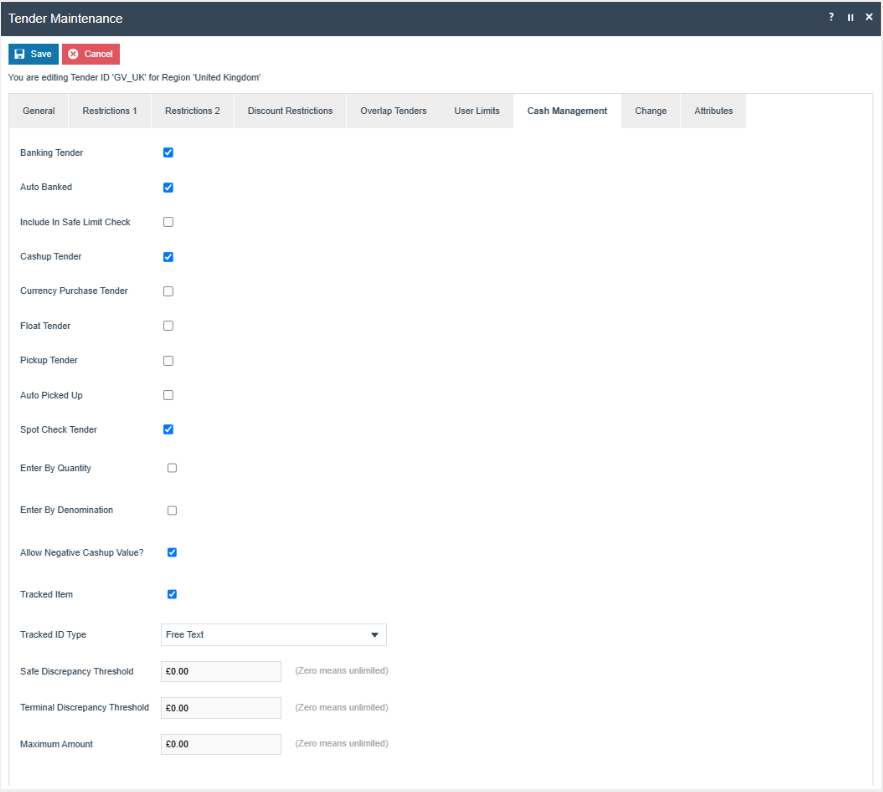 Tender Maintenance Cash Management tab for a Voucher tender type showing banking, cashup, pickup, and spot check settings