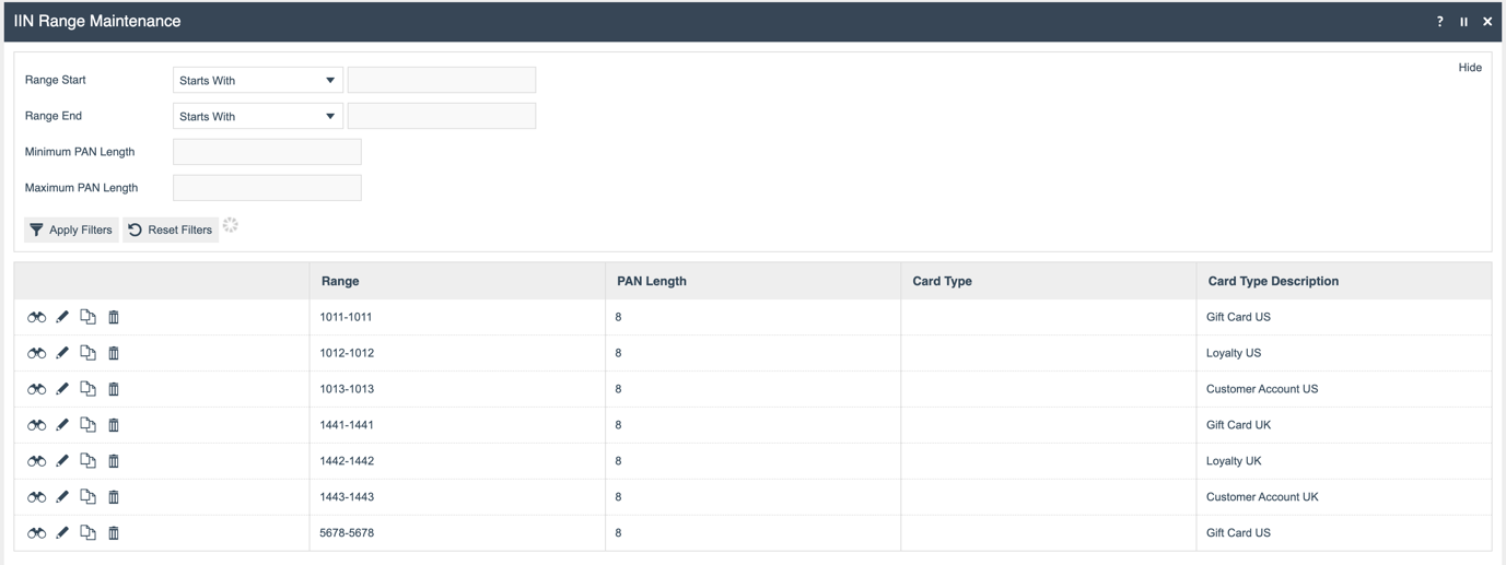 IIN Range Maintenance - List view showing pre-defined IIN ranges