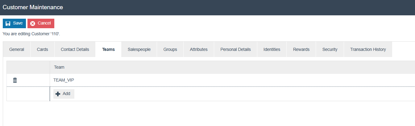 Customer Maintenance Teams tab for Customer 110. TEAM_VIP is listed. Add button is visible.