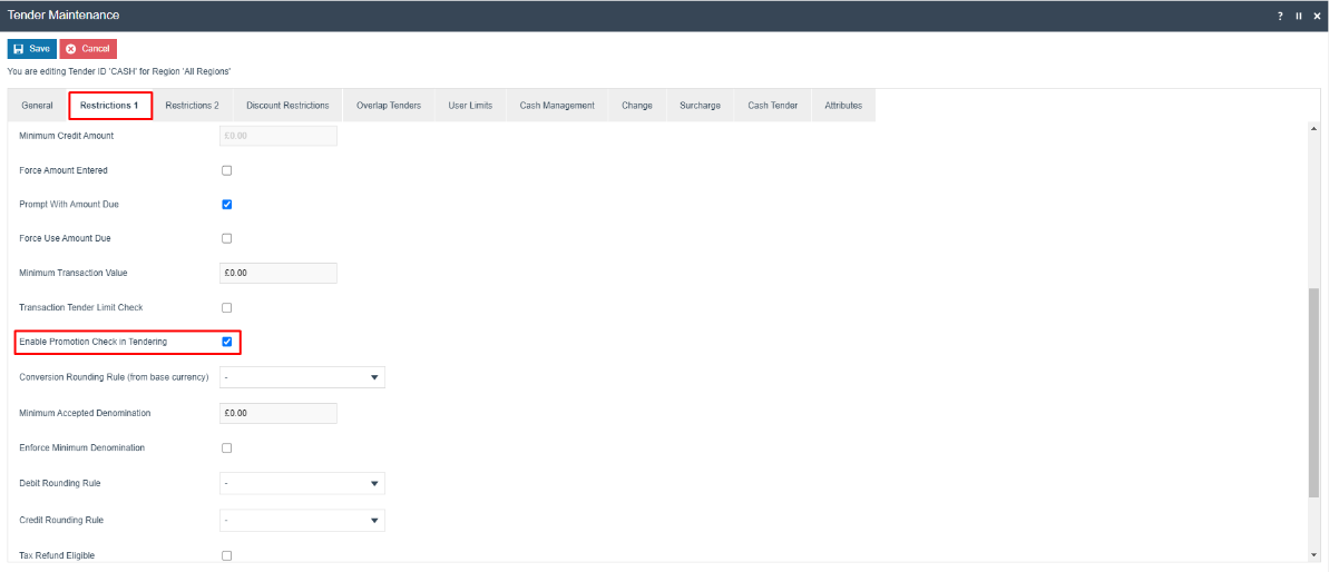 Tender Maintenance on the Restrictions 1 tab for Tender CASH. Enable Promotion Check in Tendering is checked and highlighted.