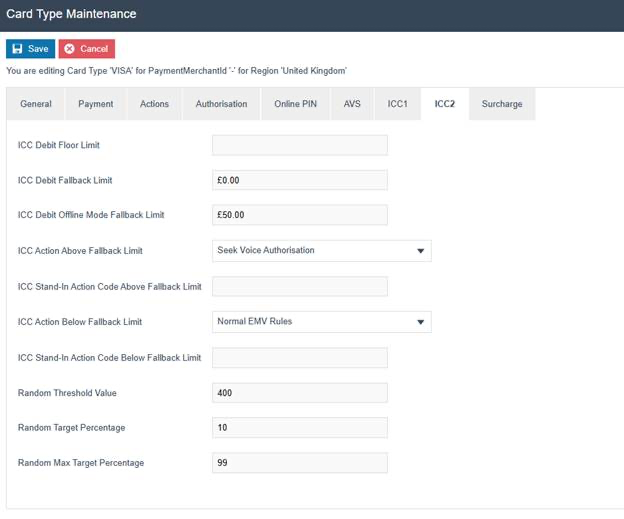 Card Type Maintenance ICC2 tab for VISA. ICC Debit Offline Mode Fallback Limit is '50.00', ICC Action Above Fallback Limit is 'Seek Voice Authorisation', Random Threshold Value is 400, Random Target Percentage is 10.
