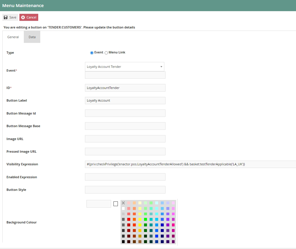 Loyalty Account tender event configuration in Menu Maintenance.