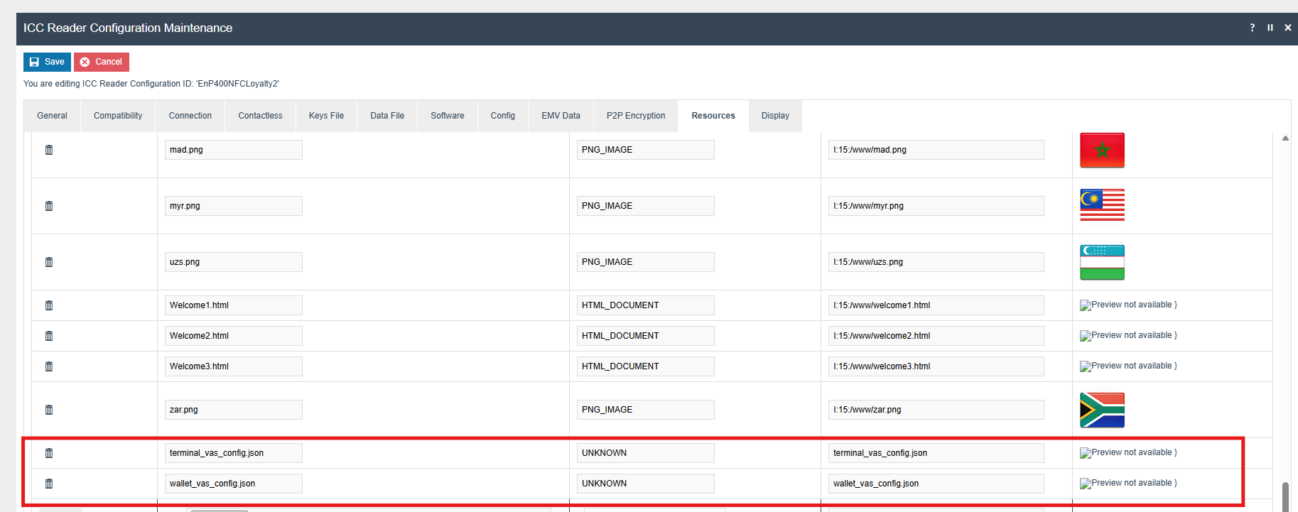 ICC Reader Configuration Maintenance Resources tab with terminal_vas_config.json and wallet_vas_config.json highlighted in red, both with Resource type UNKNOWN and matching Deployment paths.